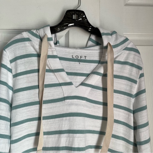 LOFT AQUA AND WHITE STRIPED PULL ON HOODIE - Picture 4 of 12